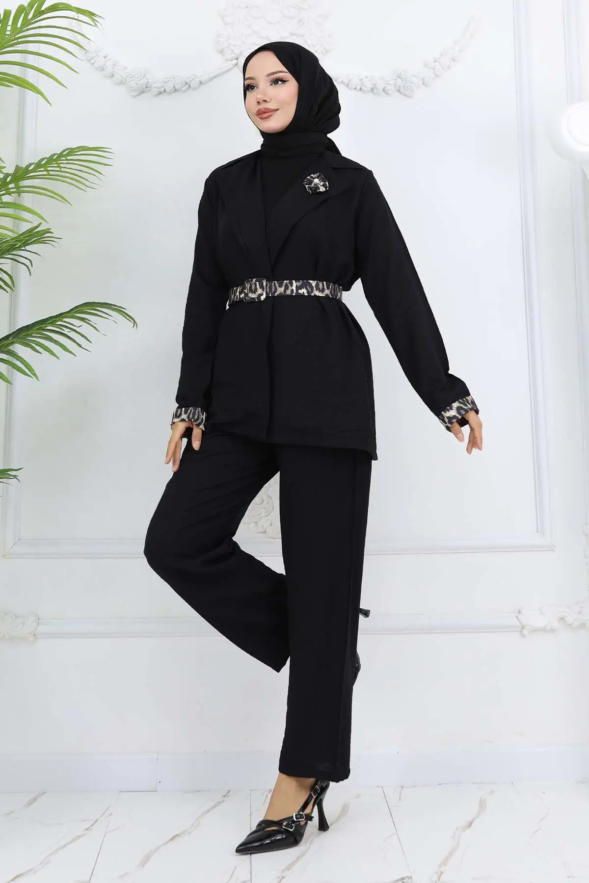 Leopar Desenli Kemerli Ceket Pantolon Takım Siyah 4718-detail