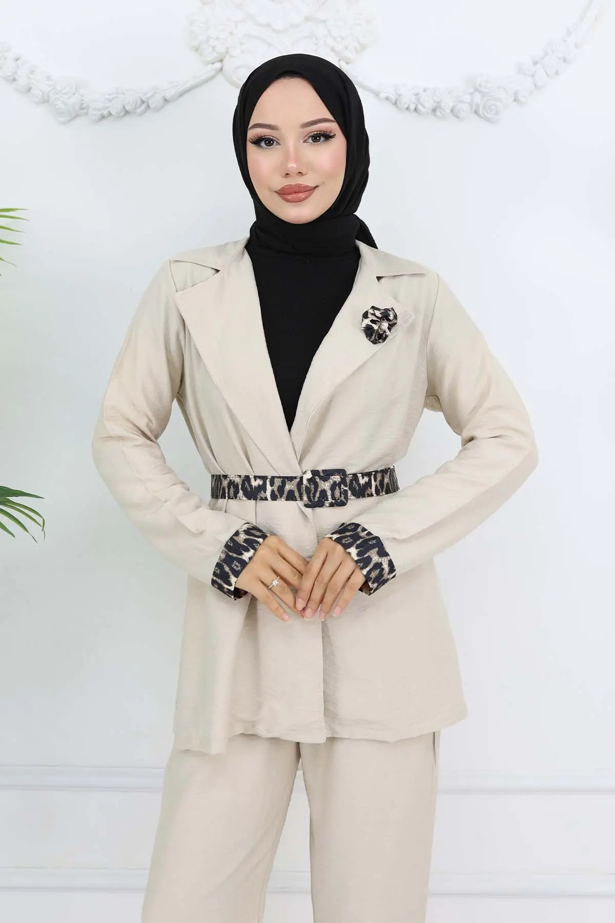 Leopar Desenli Kemerli Ceket Pantolon Takım Taş Rengi 4718-detail
