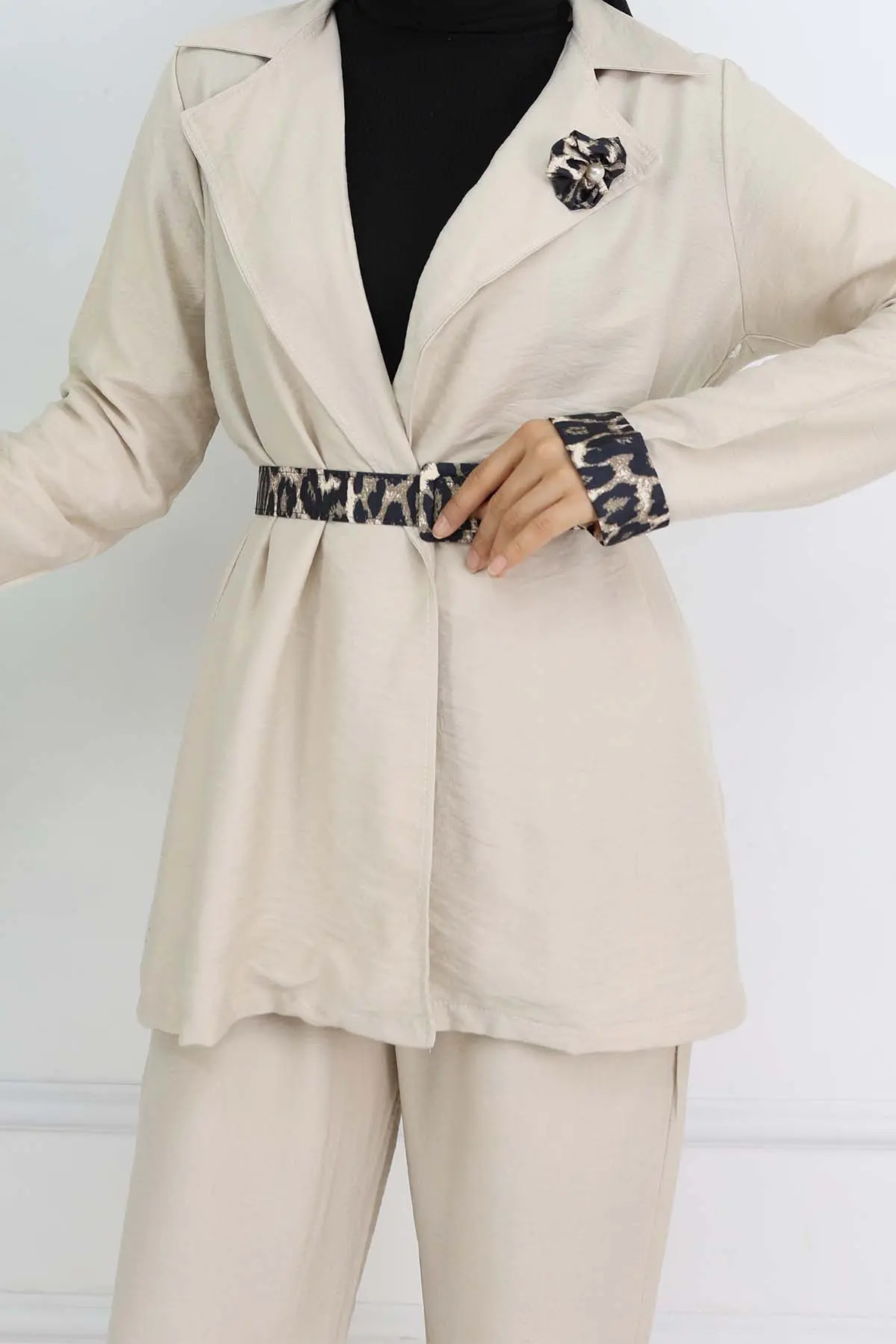 Leopar Desenli Kemerli Ceket Pantolon Takım Taş Rengi 4718-detail