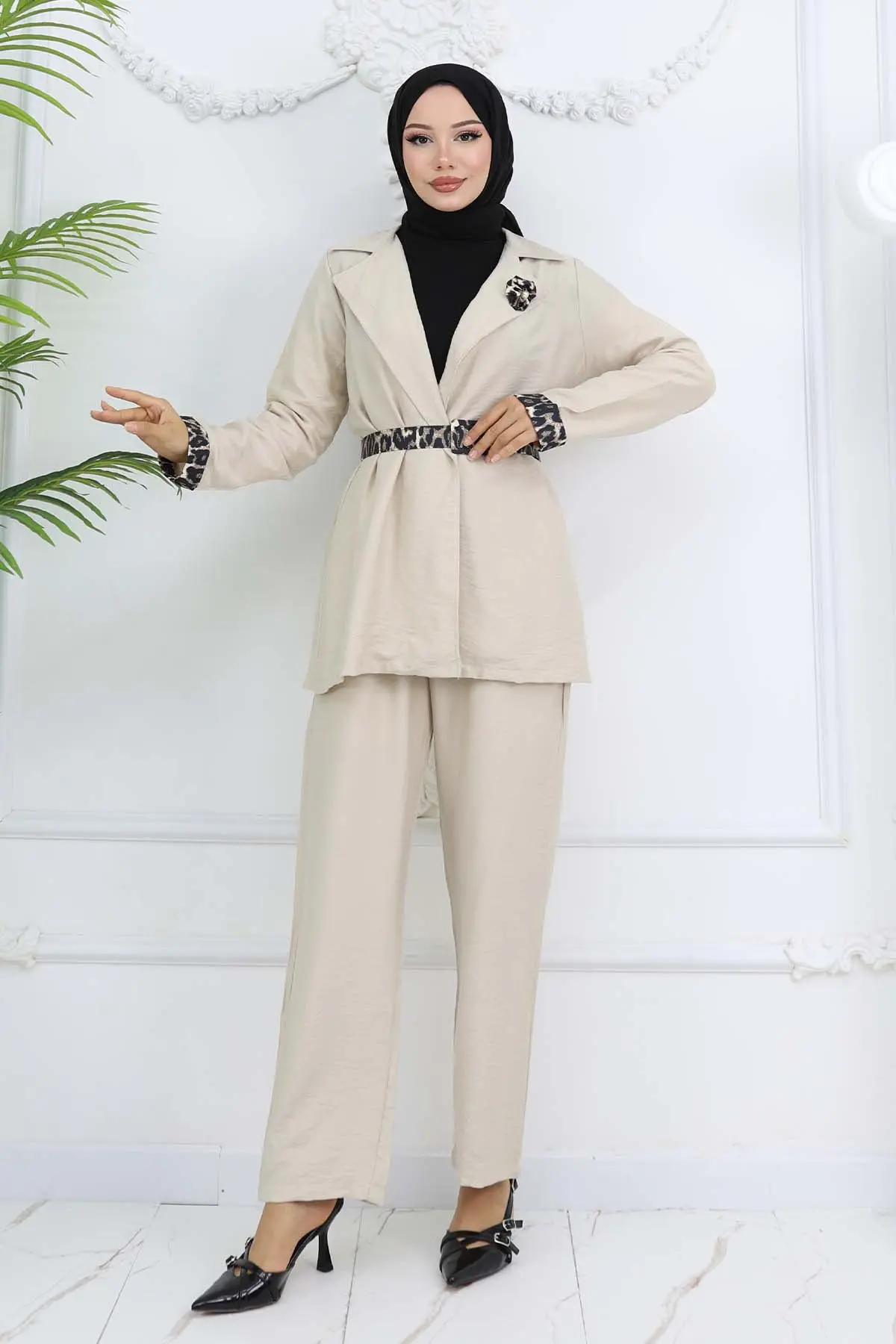Leopar Desenli Kemerli Ceket Pantolon Takım Taş Rengi 4718-detail