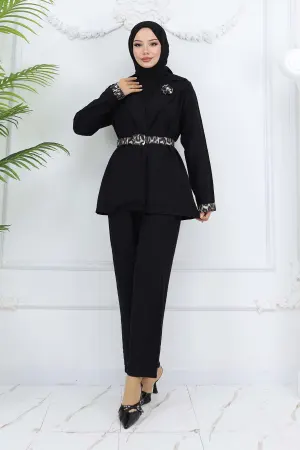 Leopar Desenli Kemerli Ceket Pantolon Takım Siyah 4718