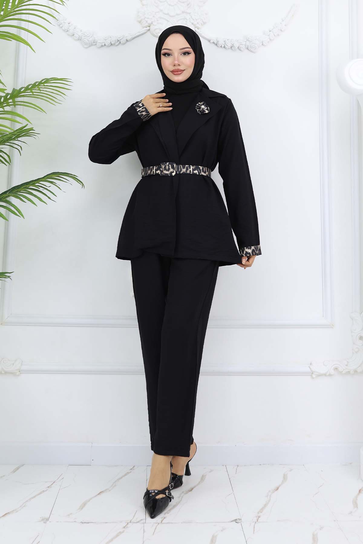 Leopar Desenli Kemerli Ceket Pantolon Takım Siyah 4718