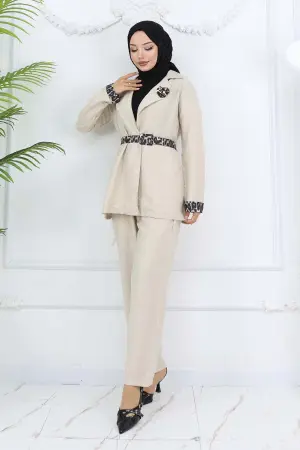 Leopar Desenli Kemerli Ceket Pantolon Takım Taş Rengi 4718
