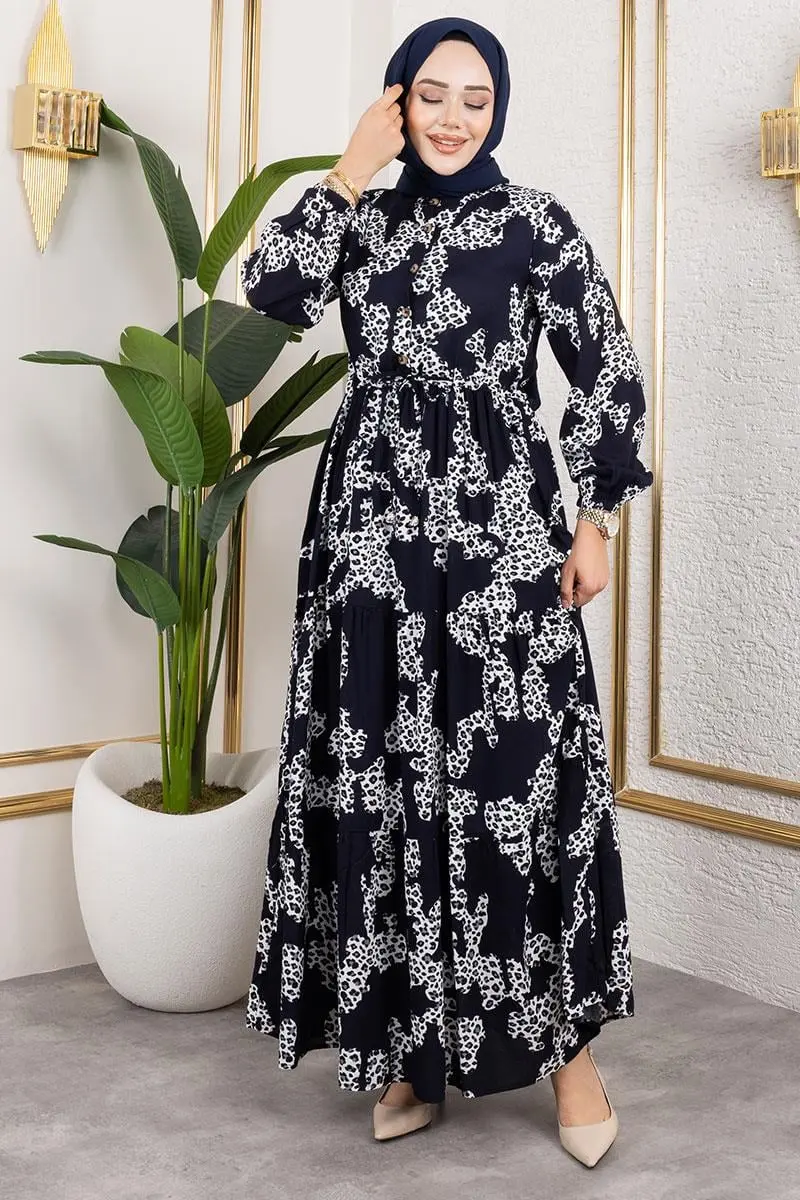 Leopar Desenli Viskon Elbise-detail