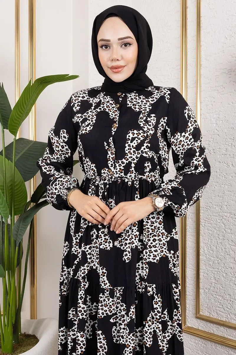 Leopar Desenli Viskon Elbise-detail