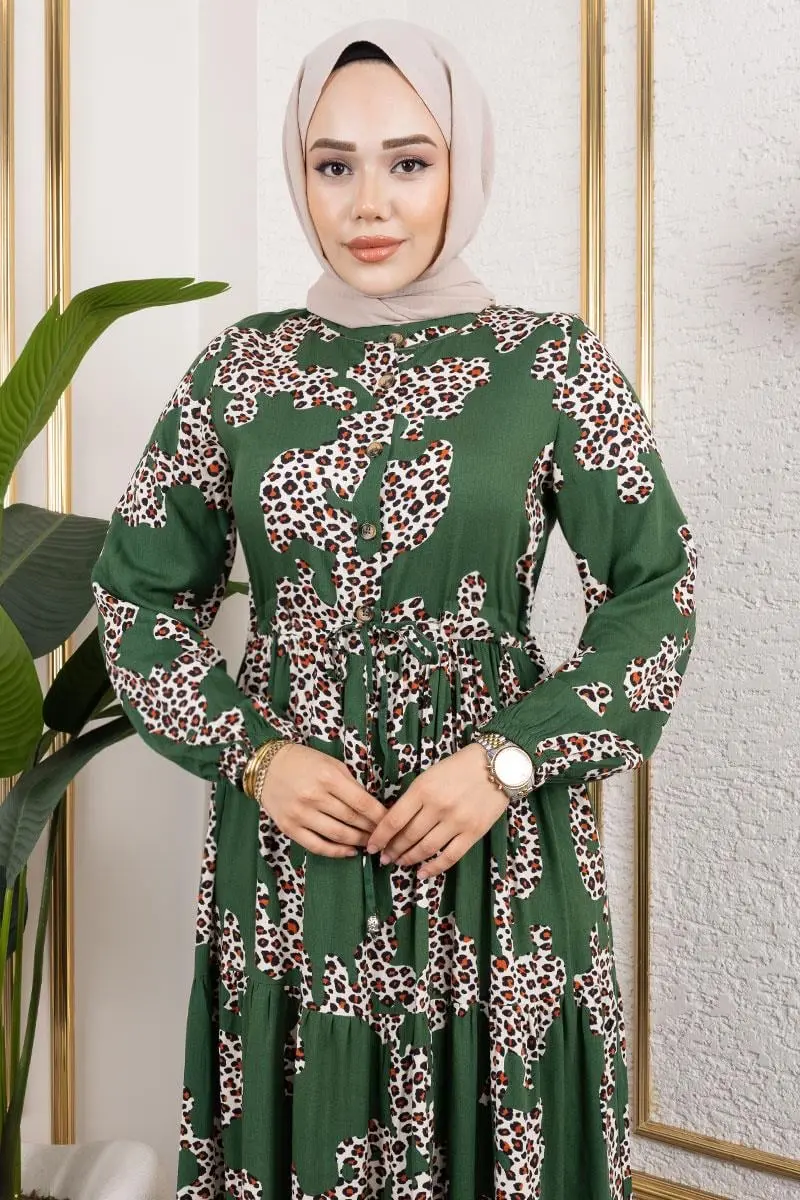 Leopar Desenli Viskon Elbise-detail