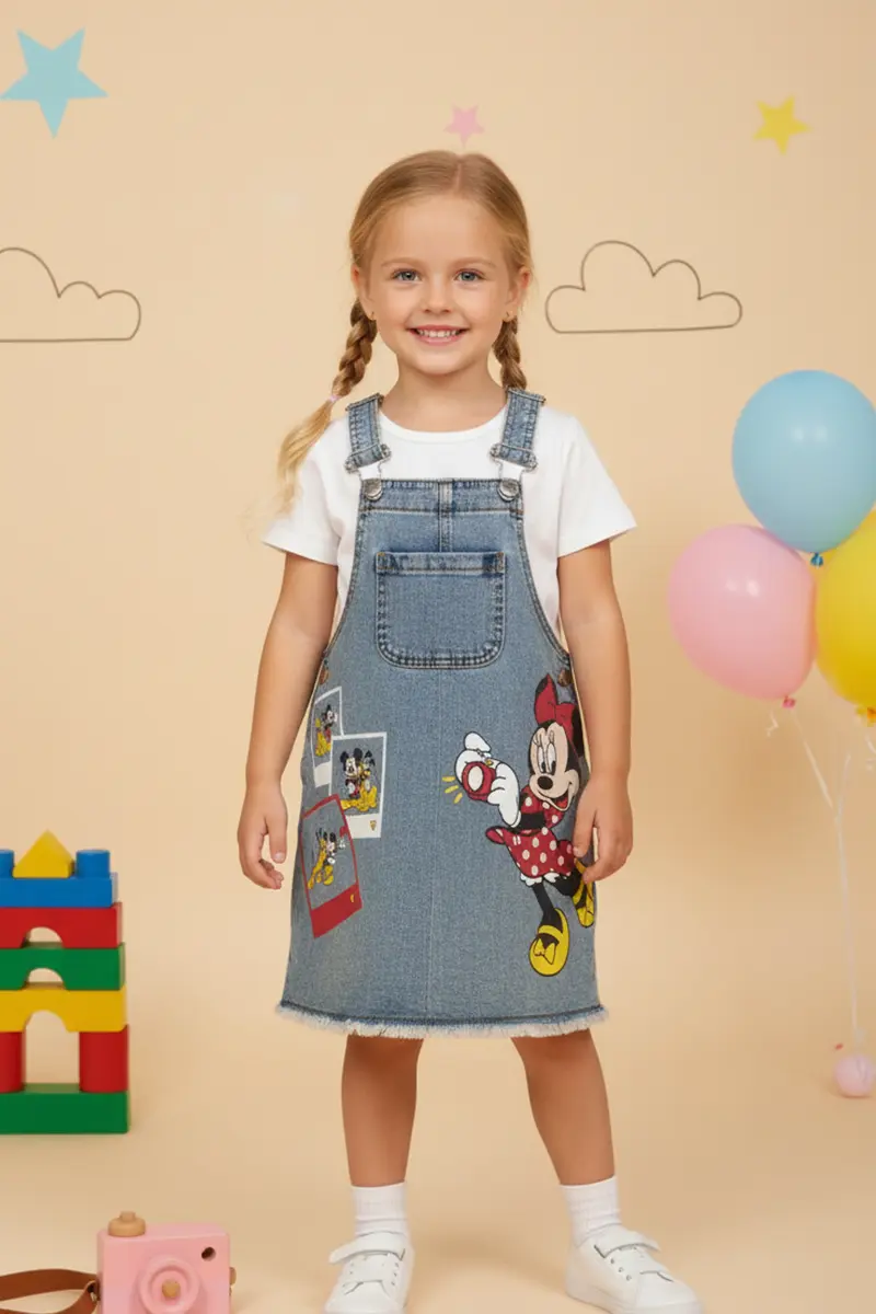 Minnie Mouse Baskılı Kız Çocuk Kot Salopet Elbise-detail