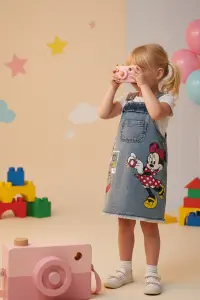 Minnie Mouse Baskılı Kız Çocuk Kot Salopet Elbise