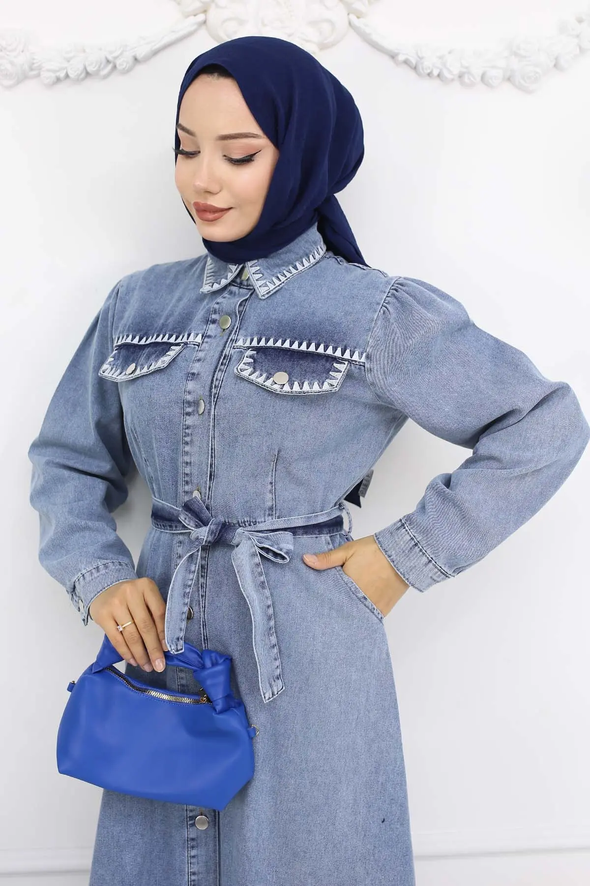 Nakış Detaylı Kot Elbise Mavi 6108-detail