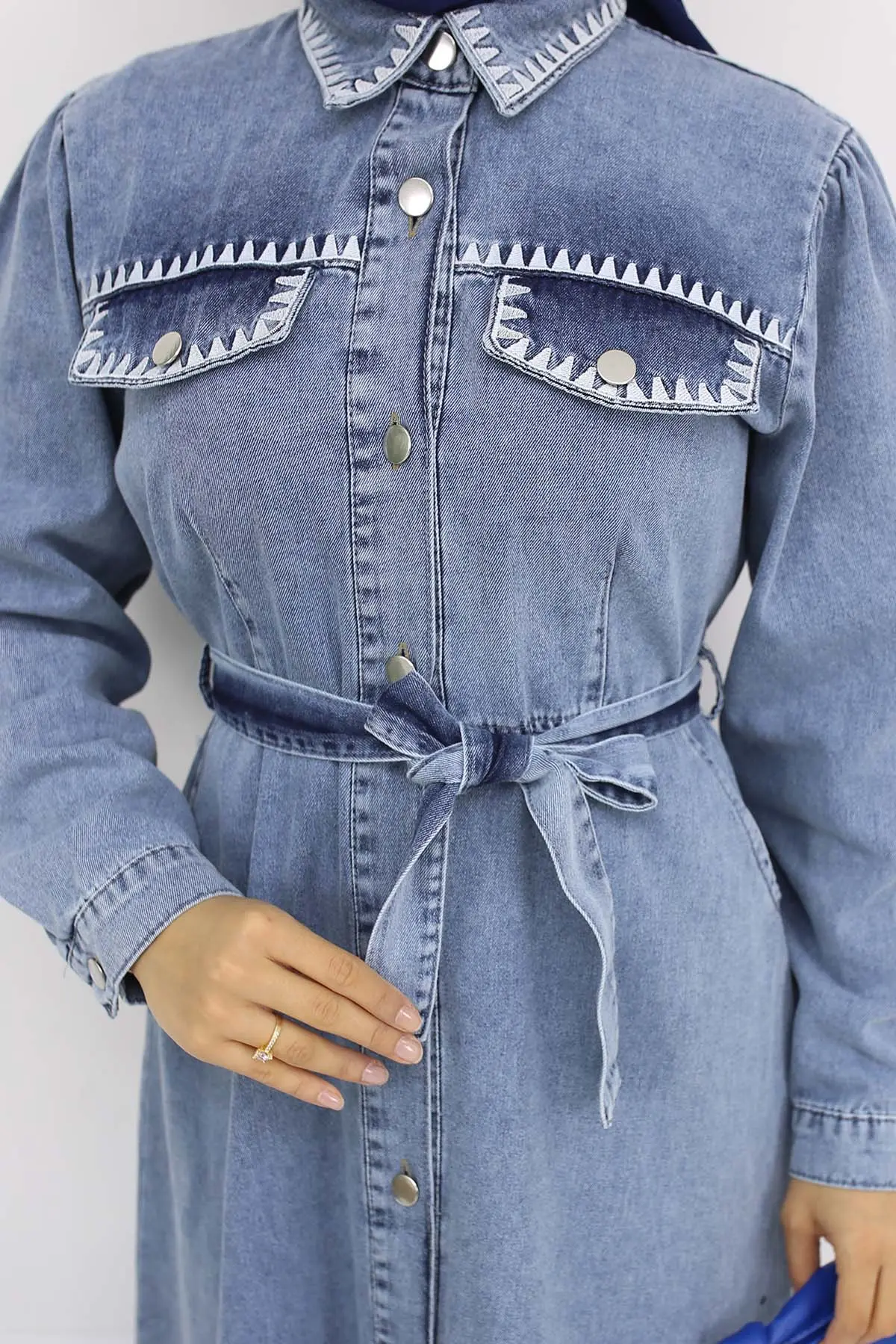 Nakış Detaylı Kot Elbise Mavi 6108-detail