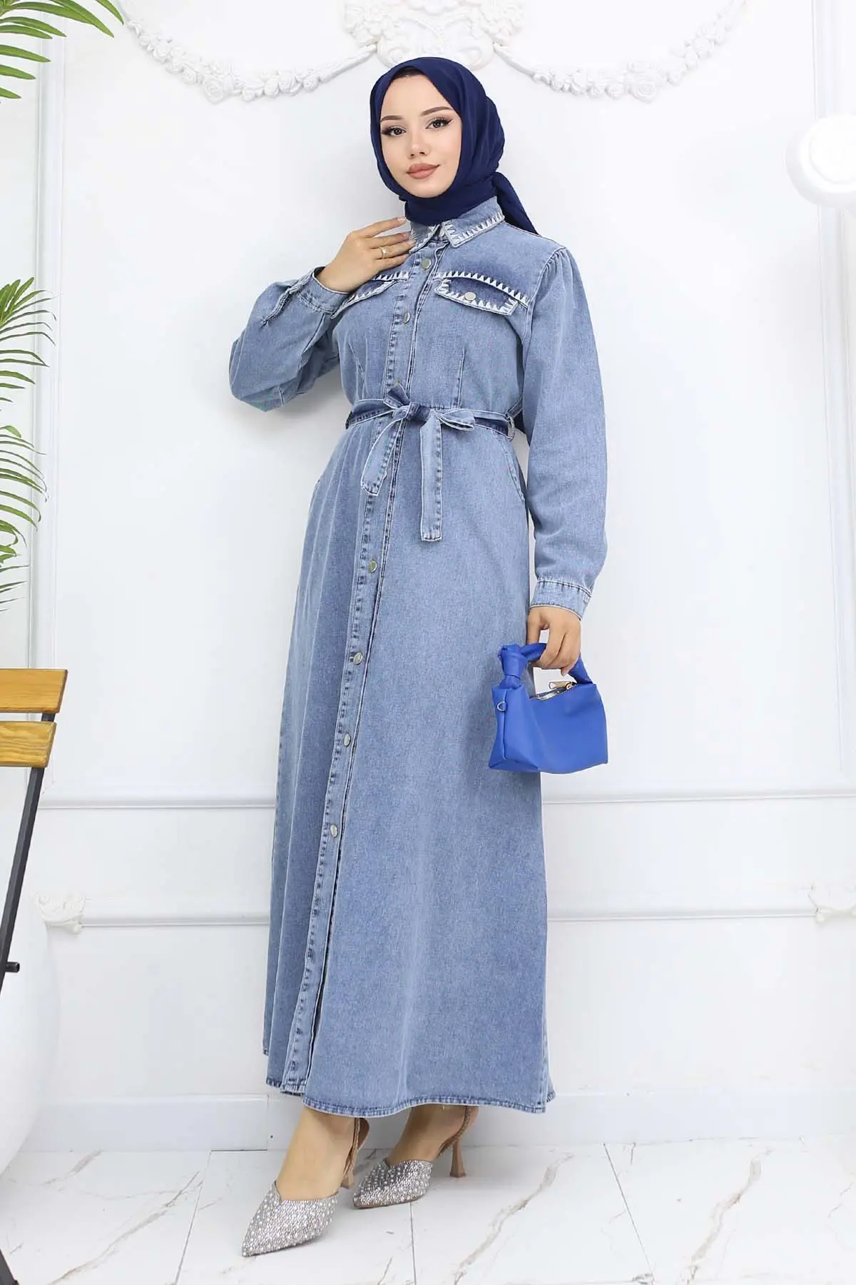 Nakış Detaylı Kot Elbise Mavi 6108-detail