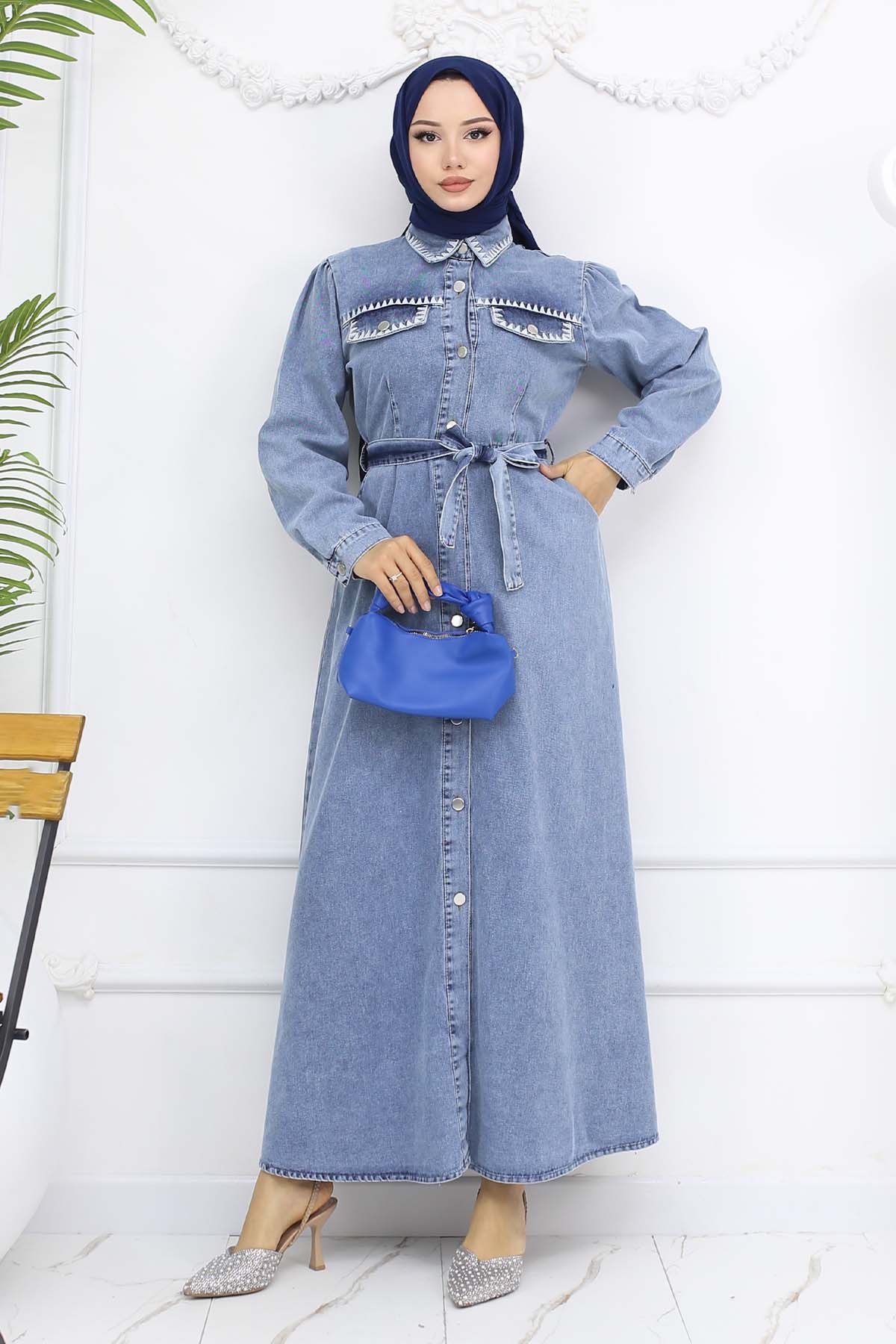 Nakış Detaylı Kot Elbise Mavi 6108