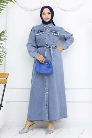 Nakış Detaylı Kot Elbise Mavi 6108