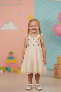 Nakış Detaylı Müslin Görünümlü Kız Çocuk Yazlık Elbise
