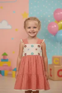 Nakış Detaylı Müslin Görünümlü Kız Çocuk Yazlık Elbise