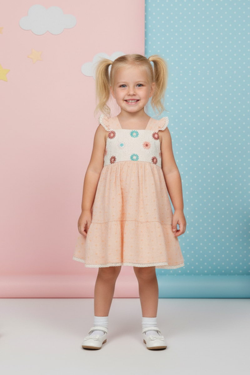 Nakış Detaylı Müslin Görünümlü Kız Çocuk Yazlık Elbise