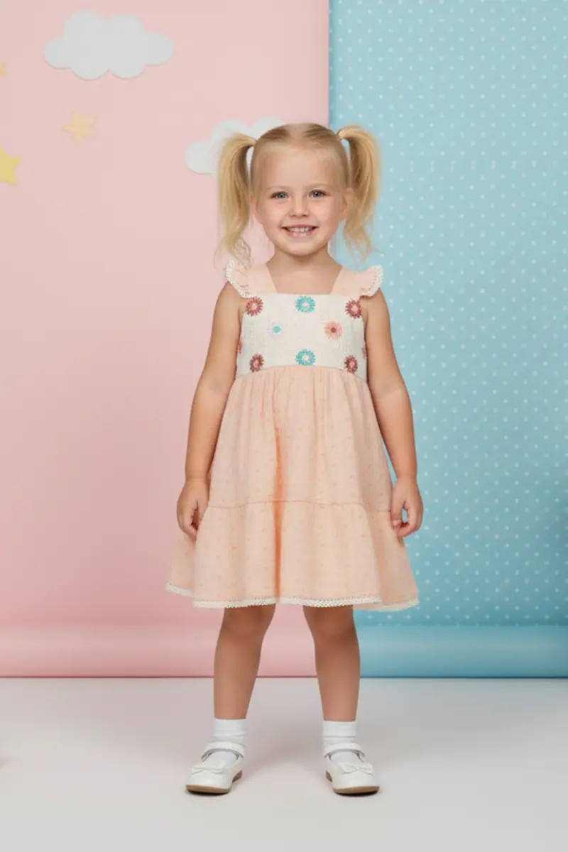 Nakış Detaylı Müslin Görünümlü Kız Çocuk Yazlık Elbise