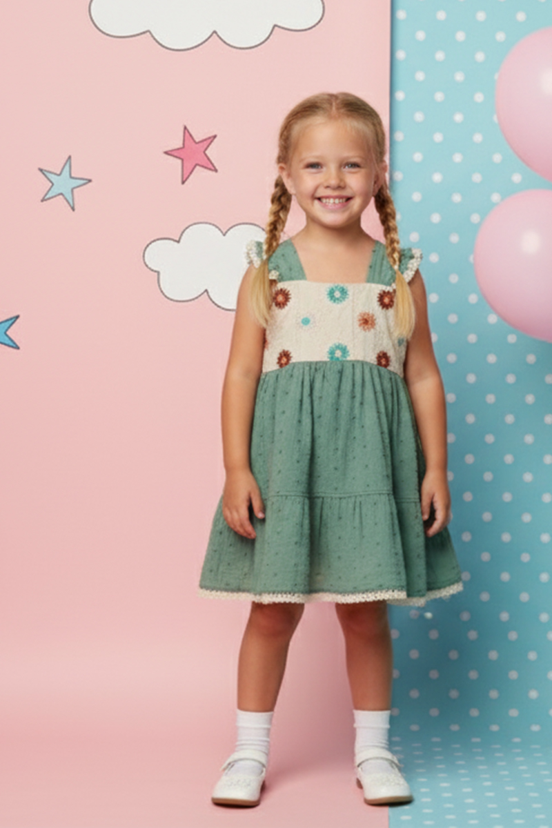Nakış Detaylı Müslin Görünümlü Kız Çocuk Yazlık Elbise