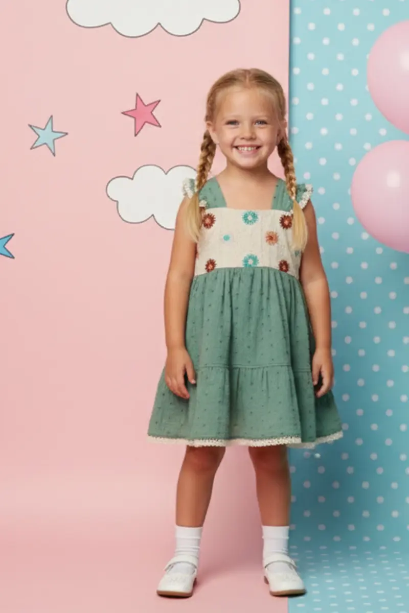 Nakış Detaylı Müslin Görünümlü Kız Çocuk Yazlık Elbise