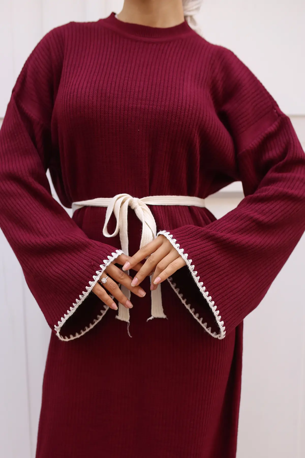 Nakış Detaylı Triko Elbise Yağ Yeşili-detail