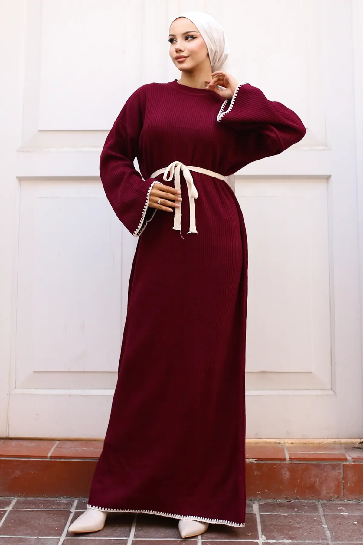 Nakış Detaylı Triko Elbise Yağ Yeşili-detail