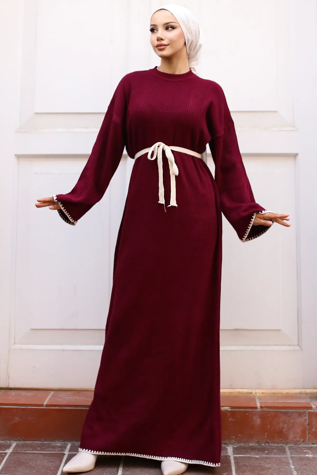 Nakış Detaylı Triko Elbise Yağ Yeşili-detail