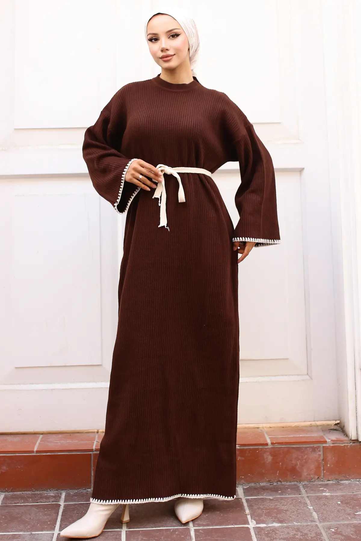 Nakış Detaylı Triko Elbise Yağ Yeşili-detail