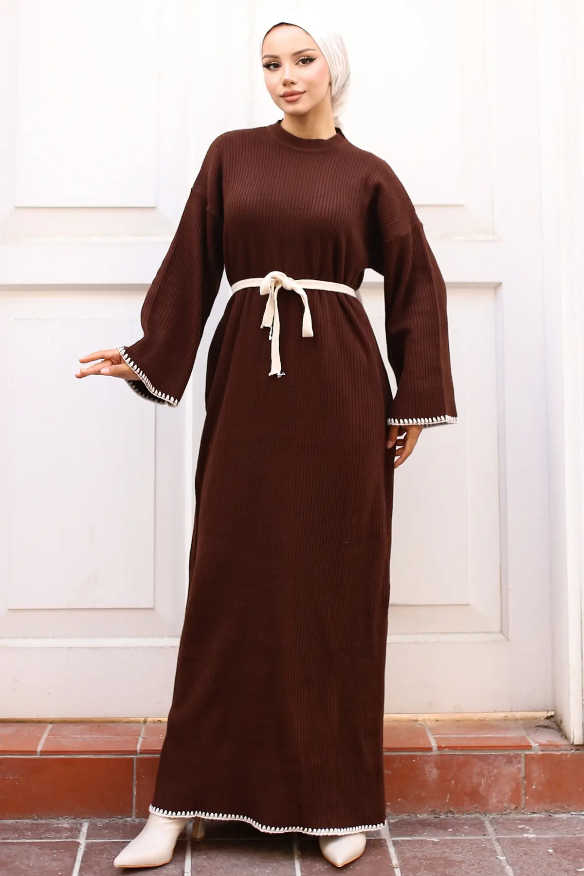 Nakış Detaylı Triko Elbise Yağ Yeşili-detail