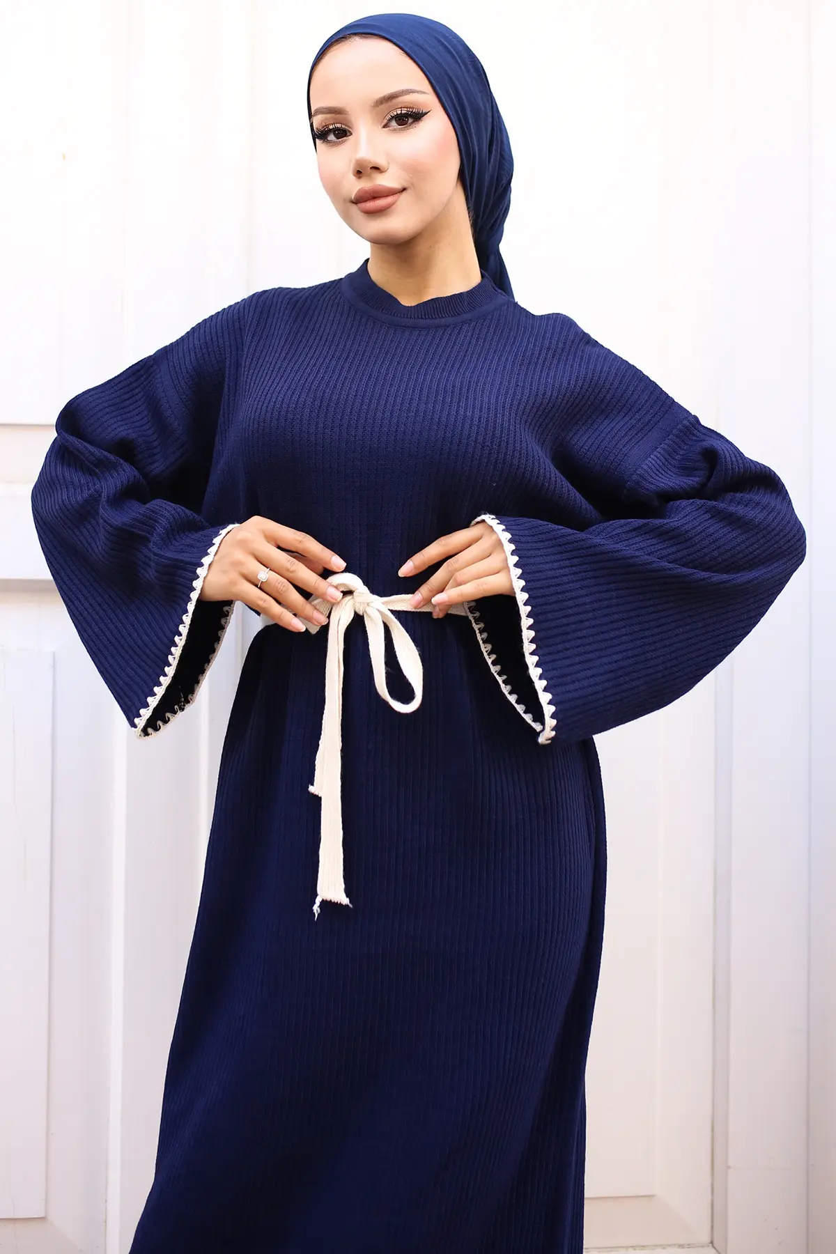 Nakış Detaylı Triko Elbise Yağ Yeşili-detail