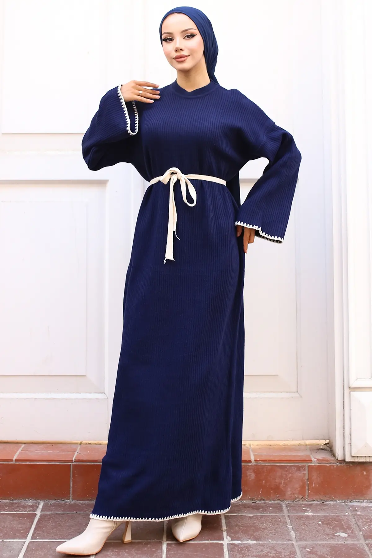 Nakış Detaylı Triko Elbise Yağ Yeşili-detail