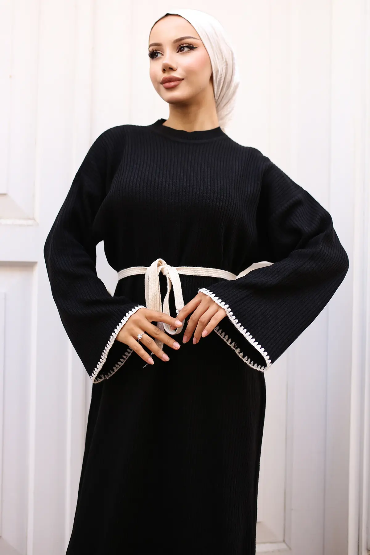 Nakış Detaylı Triko Elbise Yağ Yeşili-detail