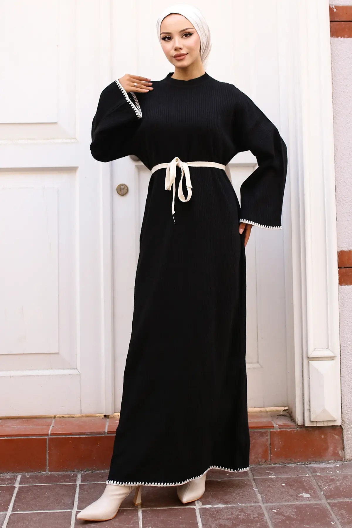 Nakış Detaylı Triko Elbise Yağ Yeşili-detail