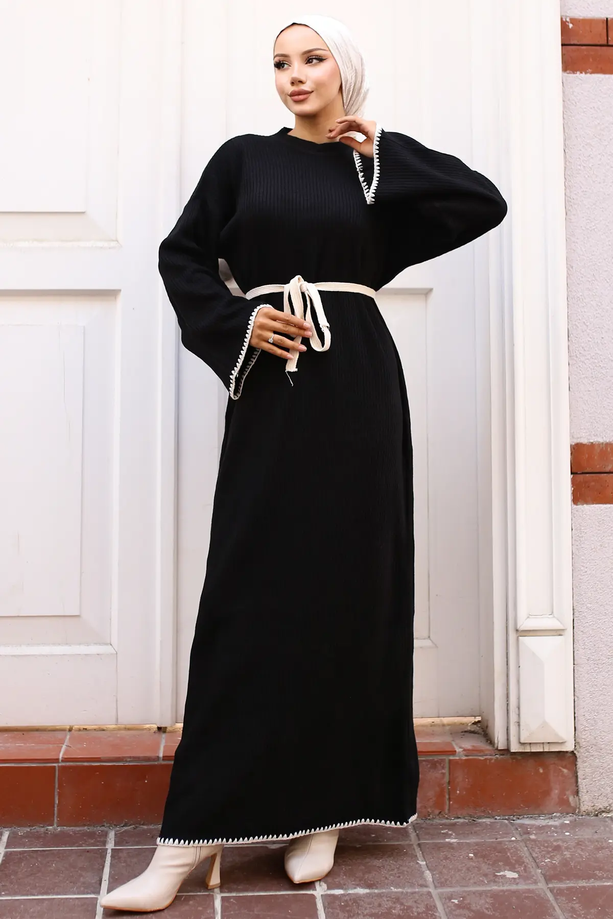 Nakış Detaylı Triko Elbise Yağ Yeşili-detail