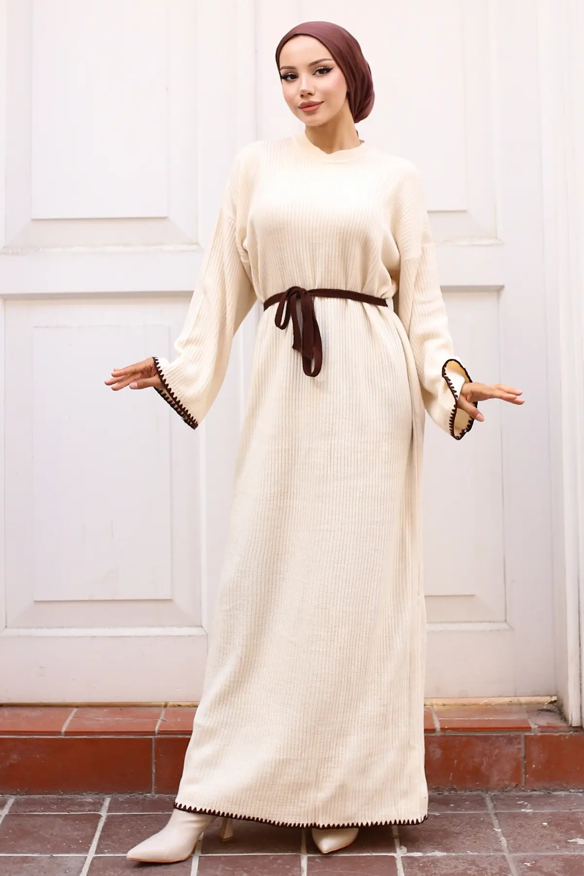 Nakış Detaylı Triko Elbise Yağ Yeşili-detail