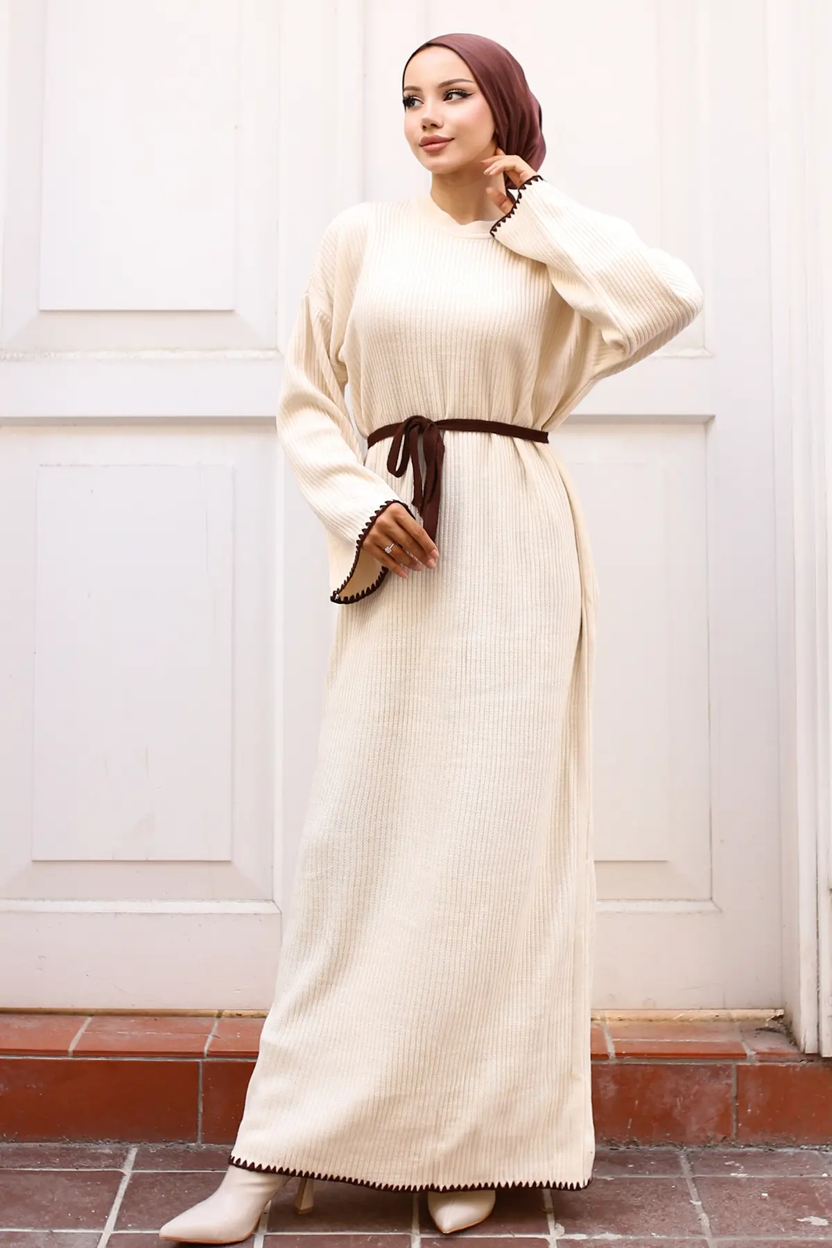 Nakış Detaylı Triko Elbise Yağ Yeşili-detail