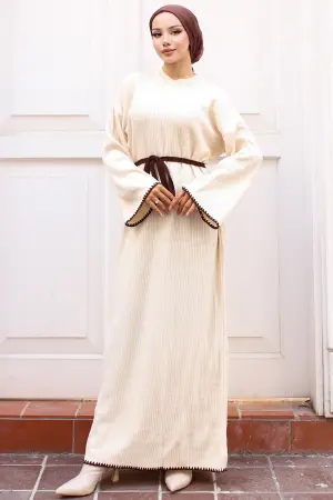 Nakış Detaylı Triko Elbise Yağ Yeşili