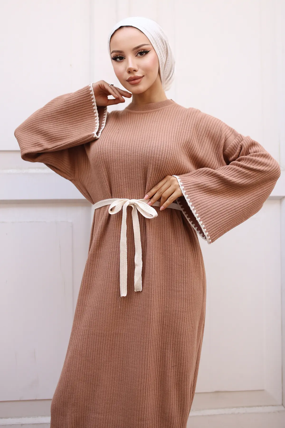 Nakış Detaylı Triko Elbise Yağ Yeşili-detail