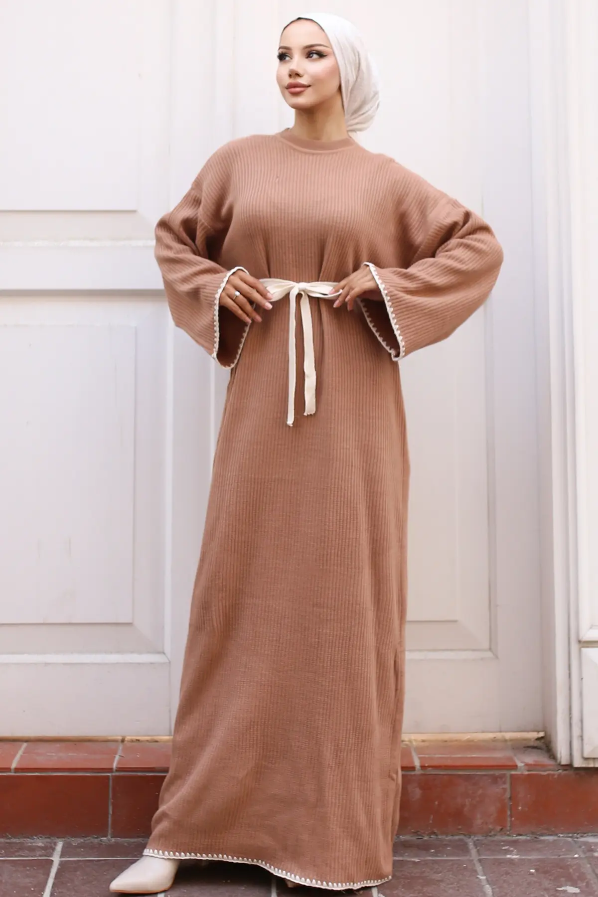 Nakış Detaylı Triko Elbise Yağ Yeşili-detail