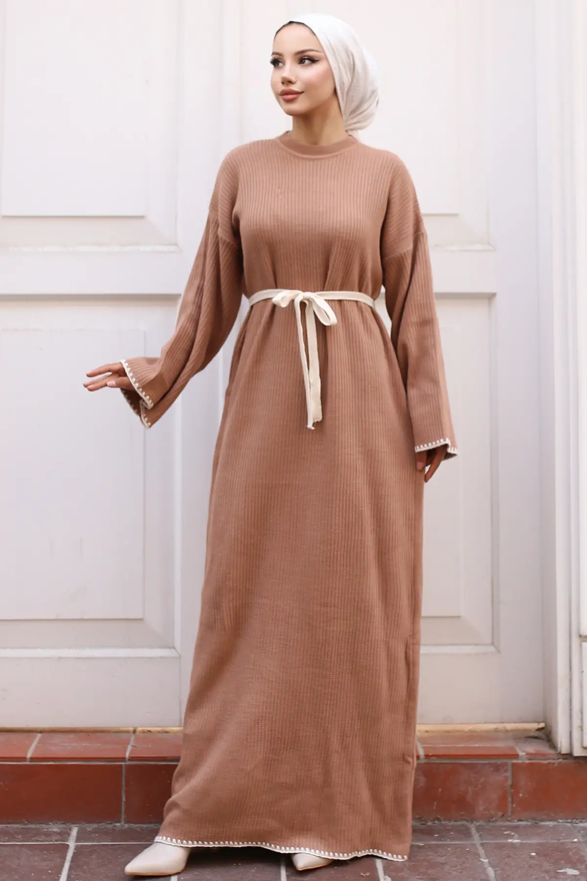 Nakış Detaylı Triko Elbise Yağ Yeşili-detail