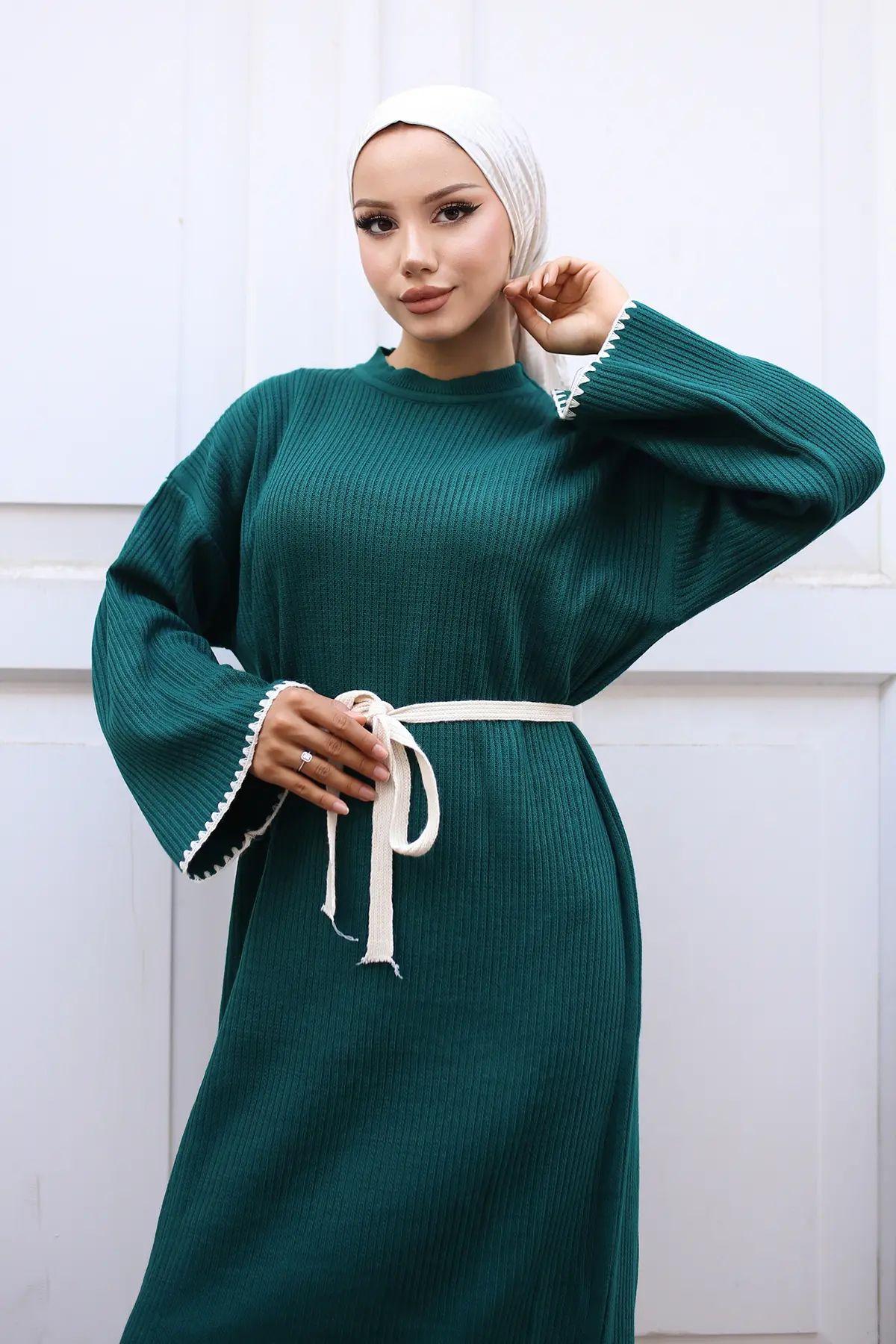 Nakış Detaylı Triko Elbise Yağ Yeşili-detail