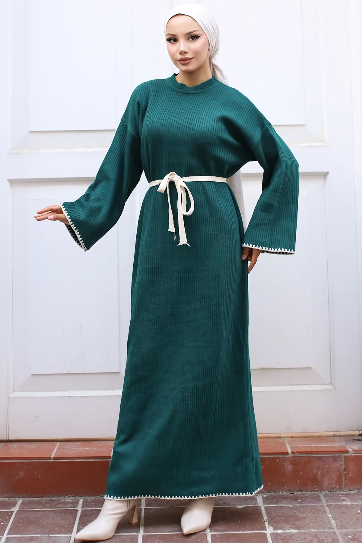 Nakış Detaylı Triko Elbise Yağ Yeşili-detail