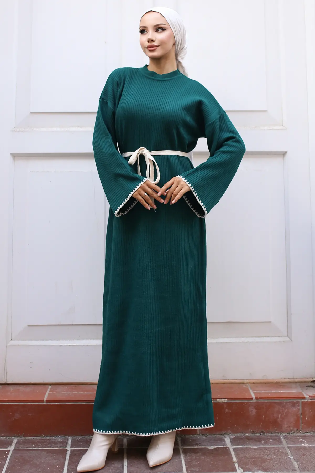 Nakış Detaylı Triko Elbise Yağ Yeşili-detail