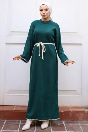 Embroidered Detailed Knit Dress Oil Green