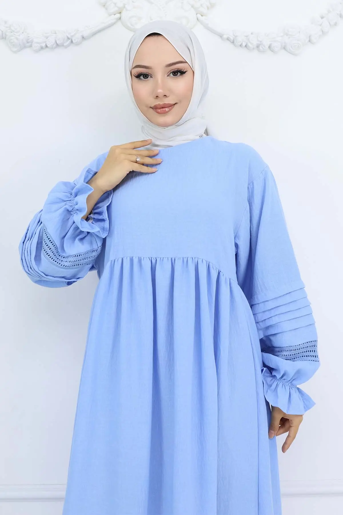 Nervür Detaylı Tesettür Elbise Bebe Mavisi 2207-detail