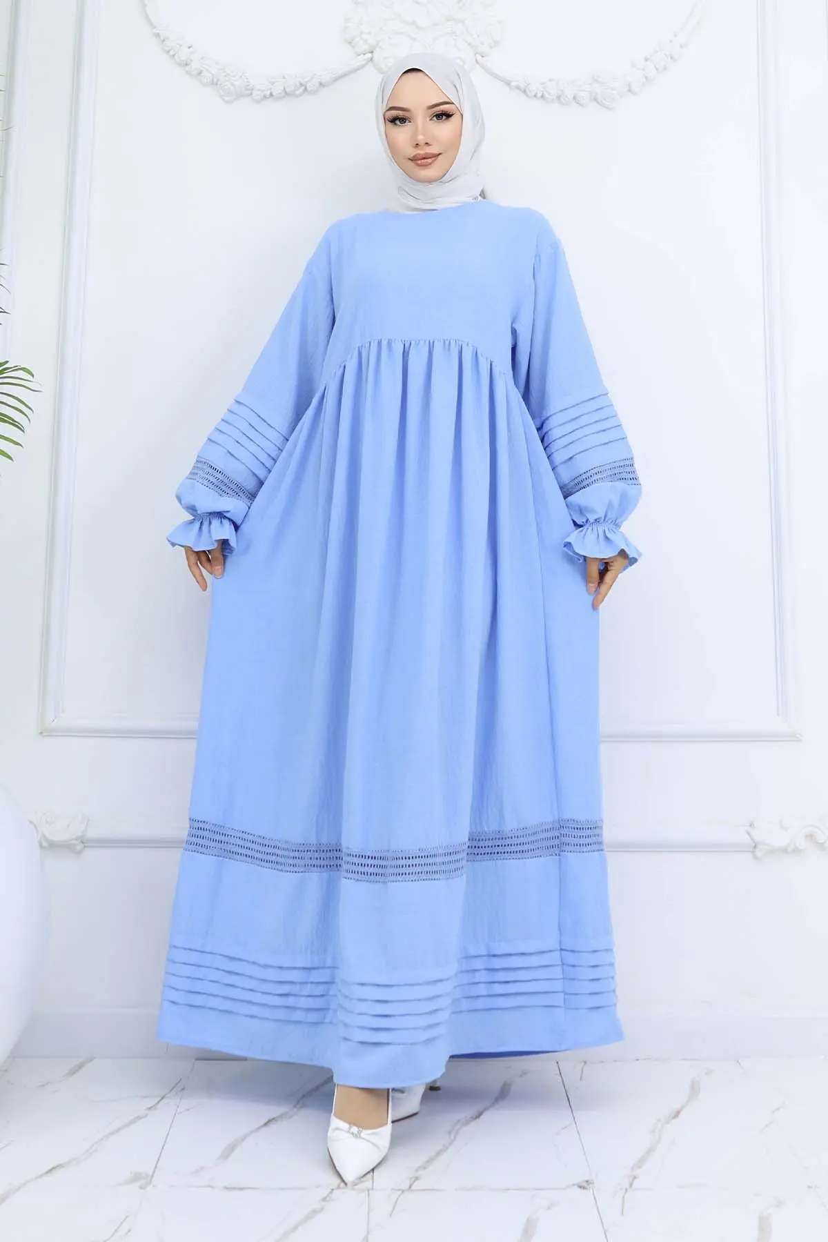 Nervür Detaylı Tesettür Elbise Bebe Mavisi 2207-detail