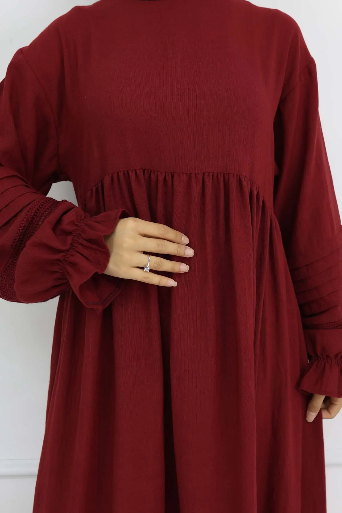 Nervür Detaylı Tesettür Elbise Bordo 2207-detail