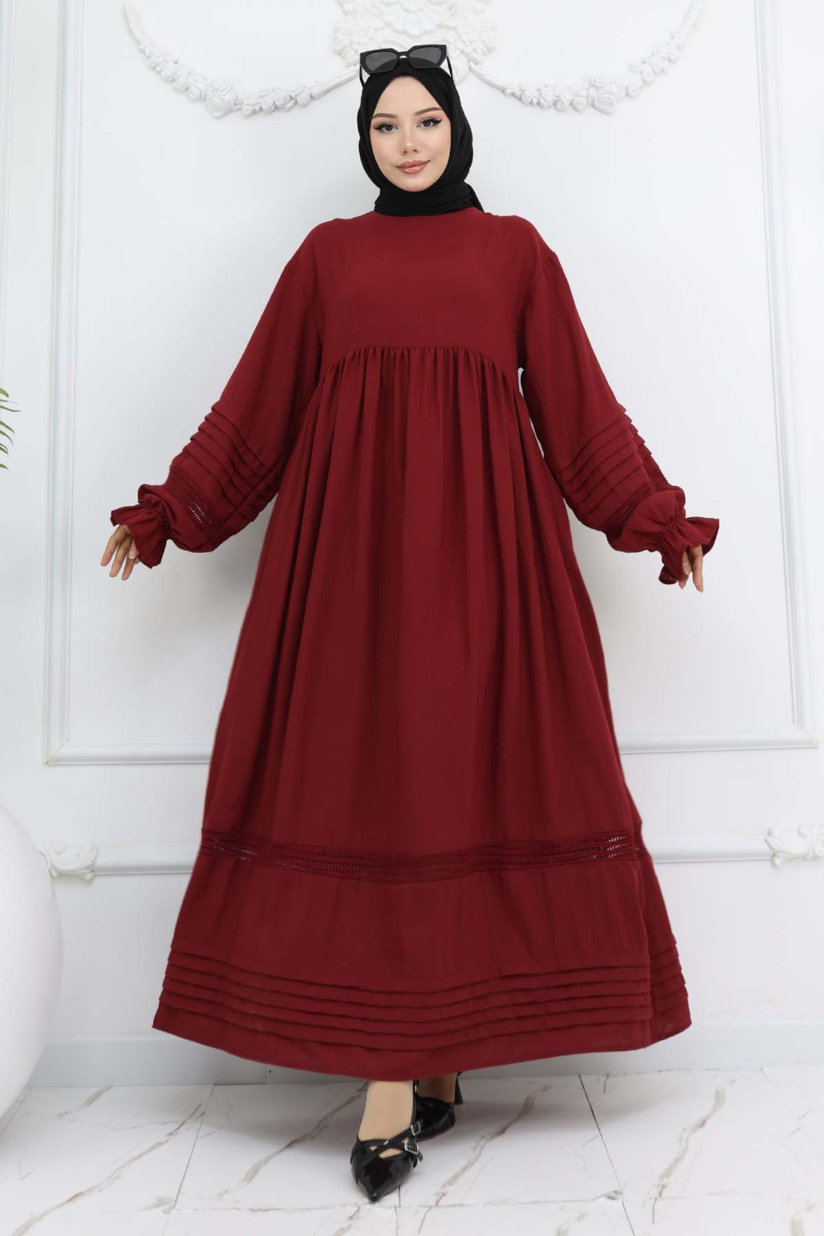 Nervür Detaylı Tesettür Elbise Bordo 2207