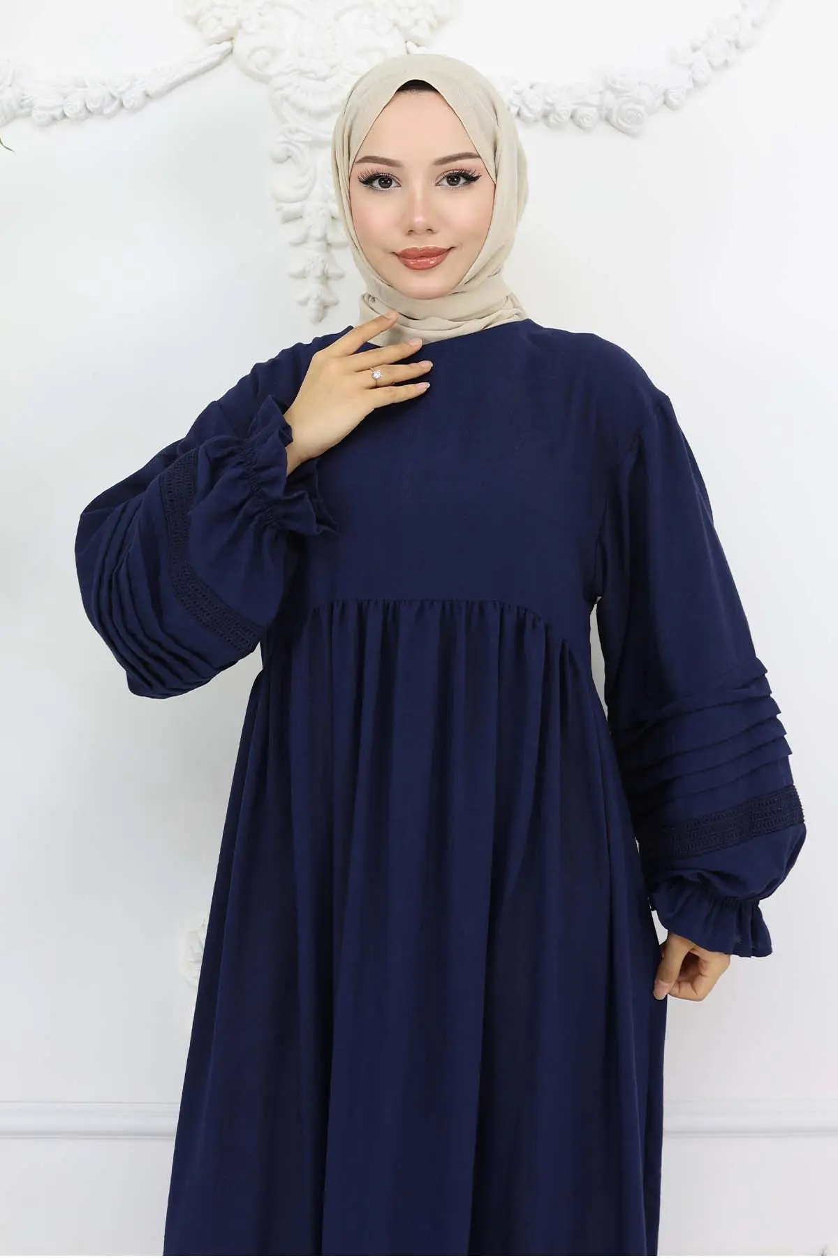 Nervür Detaylı Tesettür Elbise Lacivert 2207-detail