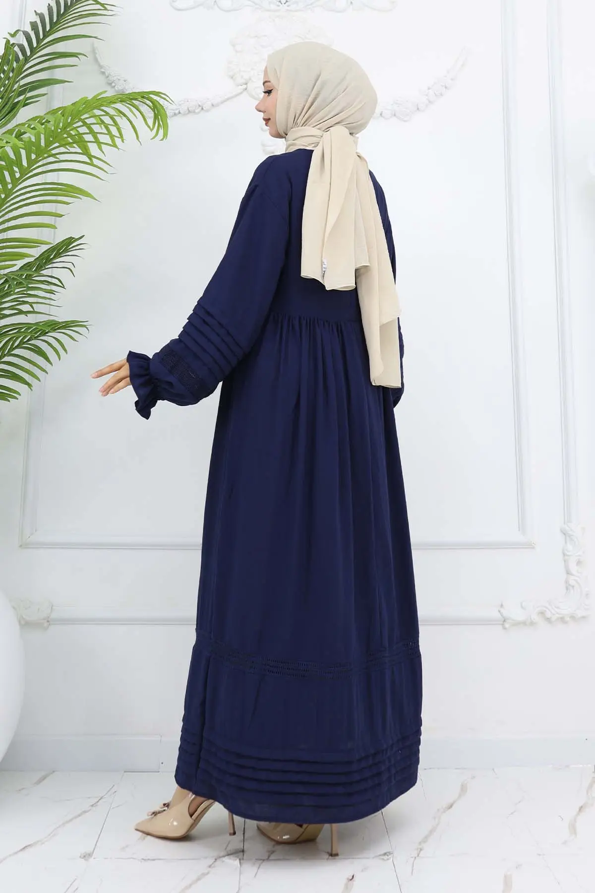 Nervür Detaylı Tesettür Elbise Lacivert 2207-detail