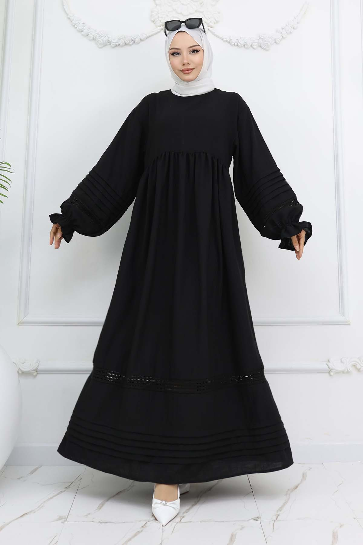 Nervür Detaylı Tesettür Elbise Siyah 2207